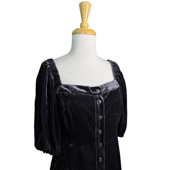 NEW J. Crew Puff Sleeve Black Velvet Midi Dress Button Front Womens 10 BD492 - Picture 4 of 15